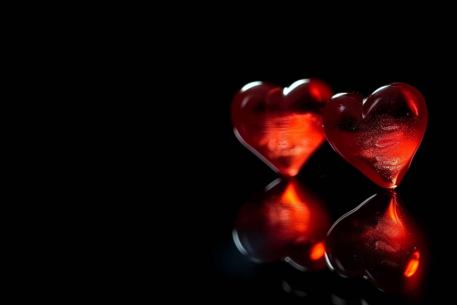 Deux cœurs en verre rouge posés sur une surface noire, avec leur reflet